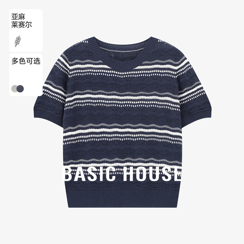 Basic House/百家好镂空设计圆领条纹上衣夏季新款简约时尚针织衫