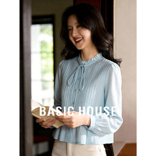 上衣春季 Basic 女气质木耳花边小衫 百家好纯棉蓝色系带衬衫 House