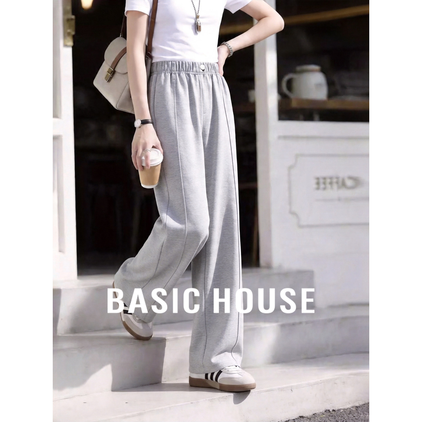 Basic House/百家好莱赛尔休闲卫裤女夏季新款高腰垂感宽松阔腿裤