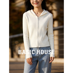 Basic House/百家好连帽拉链针织开衫女春季修身显瘦百搭短款上衣
