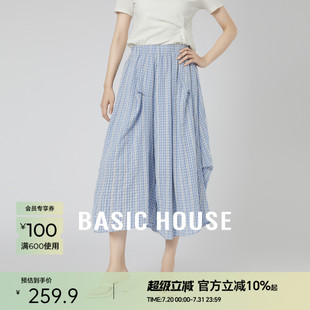 House 夏季 Basic 百家好松紧腰蓝白格纹裙裤 新款 宽松不规则阔腿裤