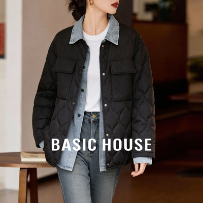 Basic House/百家好轻薄翻领短款羽绒服女2025冬季新款大口袋外套