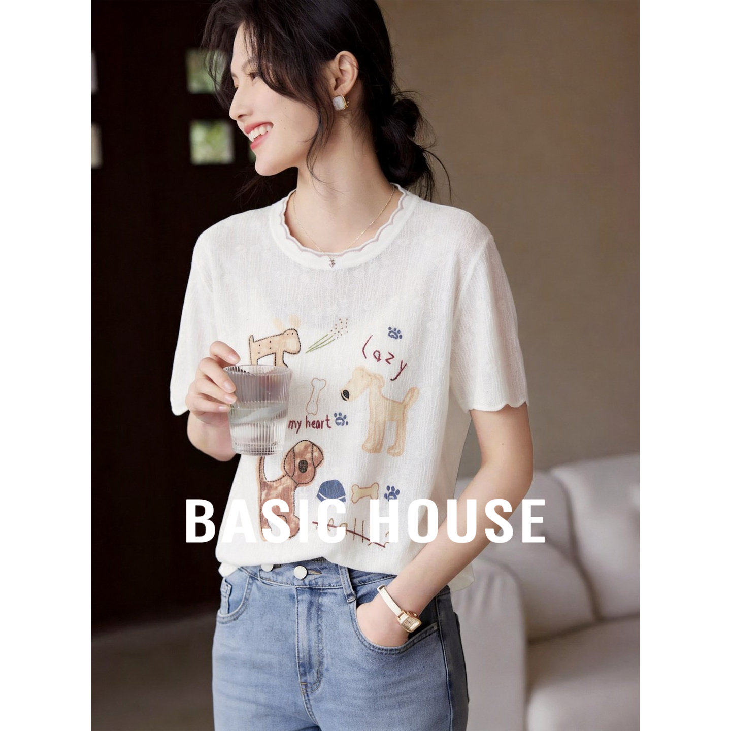 Basic House/百家好卡通小狗刺绣针织衫夏季新款撞色花边套头上衣