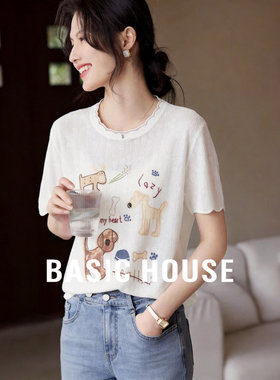 Basic House/百家好白色卡通刺绣针织衫女26夏季新款撞色短袖上衣