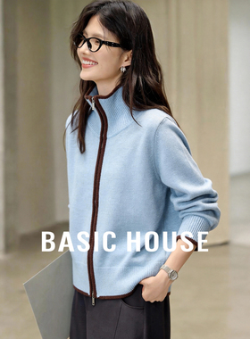 Basic House/百家好浅蓝撞色立领拉链针织开衫女春季宽松毛衣外套