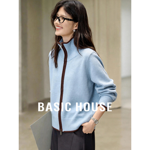 Basic House/百家好浅蓝撞色立领拉链针织开衫女春季宽松毛衣外套