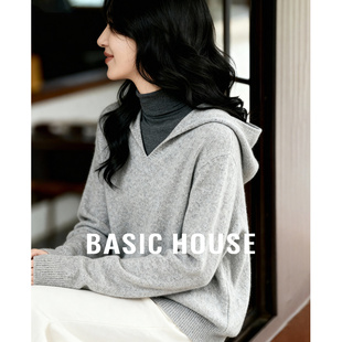 Basic House/百家好灰色绵羊毛连帽针织衫秋冬叠穿彩点套头毛衣女