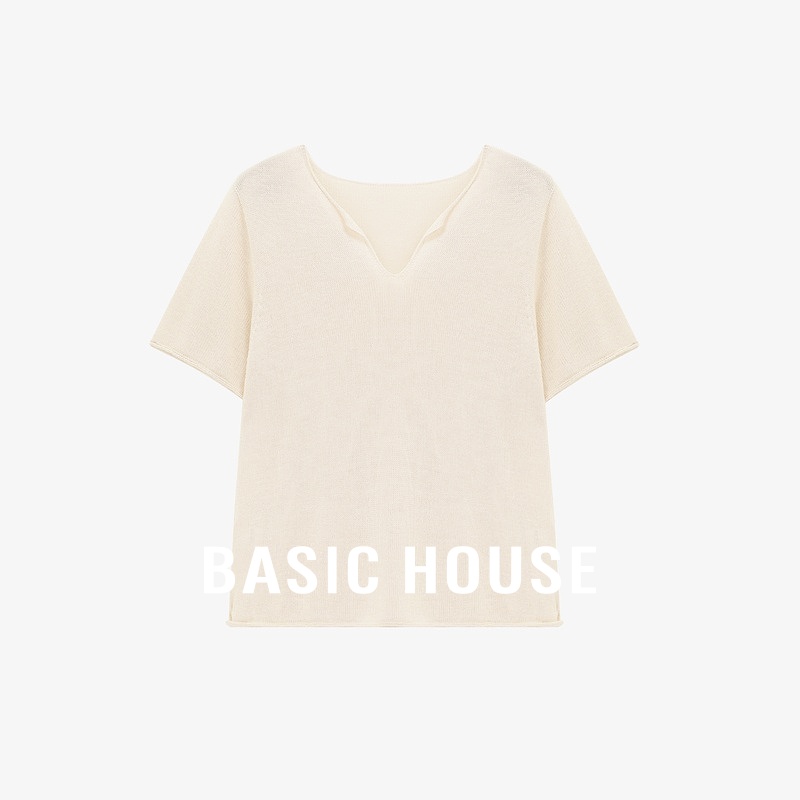 Basic House/百家好纯色v领短款针织衫夏季新款流行轻薄宽松上衣