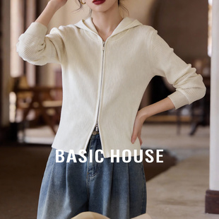 Basic House/百家好本白色连帽简约针织开衫女春2026新款百搭上衣