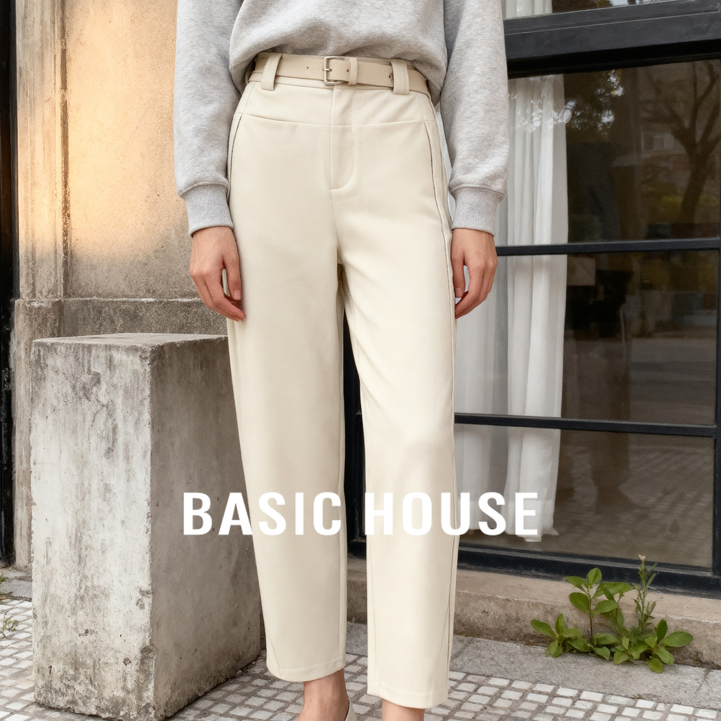 Basic House/百家好简约休闲裤2025秋冬高腰显瘦拼接设计阔腿裤女,女装/女士精品,休闲裤,淘宝优惠券,粉丝福利购,淘宝优惠卷