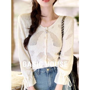 衫 百家好纯色镂空针织开衫 春季 新款 口上衣 Basic 抽绳花边袖 House