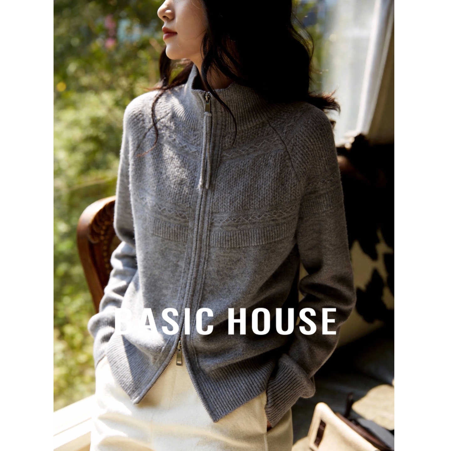 Basic House/百家好灰色拉链针织开衫女春季款宽松慵懒风毛衣外套