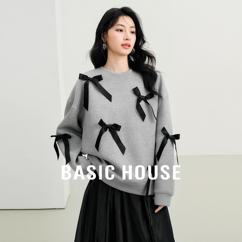 Basic House/百家好2025秋季新款韩系宽松蝴蝶结减龄套头长袖卫衣