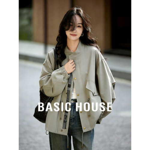Basic House/百家好拼接纯色立领风衣女春季新款抽绳收腰短款外套