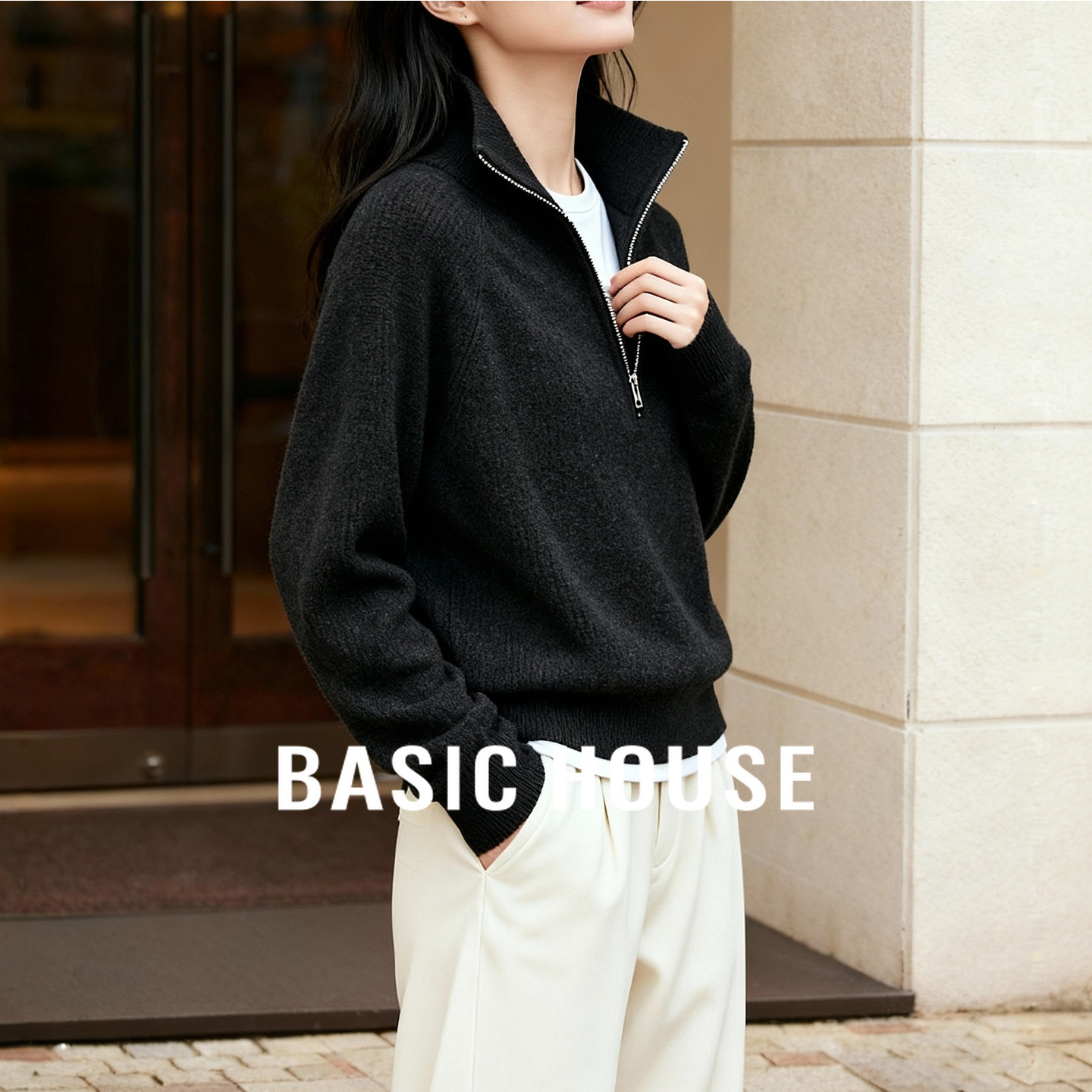 Basic House/百家好立领半开拉链基础针织套头上衣女冬季保暖毛衣