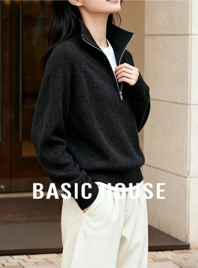 百家好黑色立领半拉链毛衣2025冬季新款女保暖宽松遮肉针织衫上衣