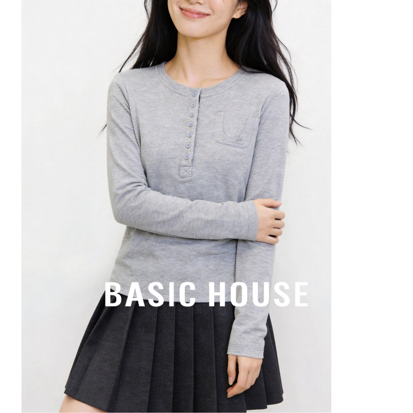 Basic House/百家好亨利领灰色天丝T恤长袖套头内搭上衣26春夏季