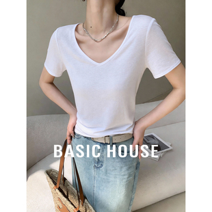 百搭短款 Basic T恤女春季 百家好白色V领基础简约短袖 上衣 House