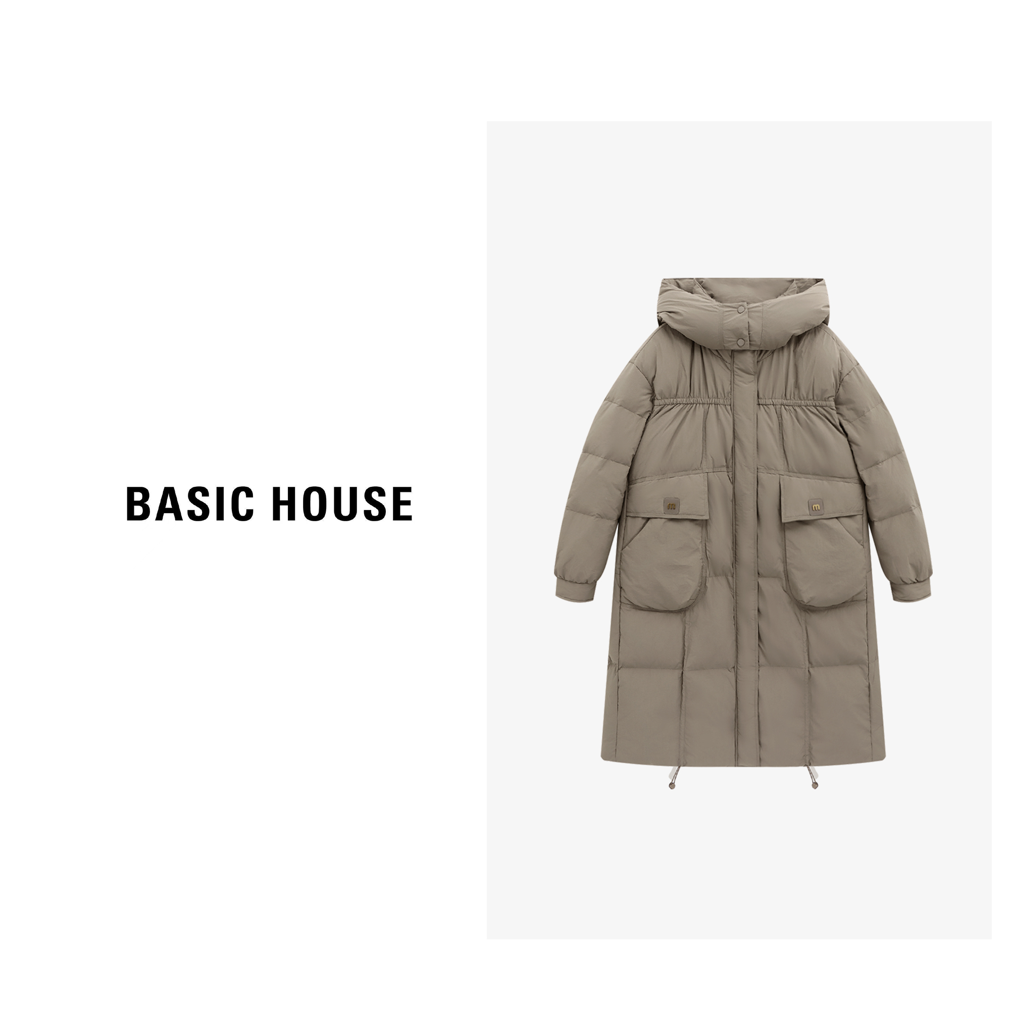 Basic House/百家好连帽大口袋保暖长款羽绒服女冬季立领加厚外套