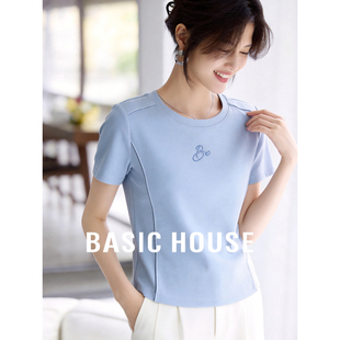 显瘦刺绣正肩上衣女2026撞色圆领短袖 百家好修身 T恤 House Basic
