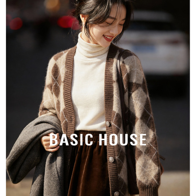 Basic House/百家好马海毛菱格开衫毛衣女冬季宽松慵懒风上衣外套