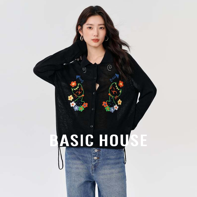 Basic House/百家好莱赛尔卡通刺绣长袖针织衫秋季抽绳撞色上衣女