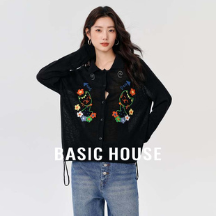 針織衫 Basic House 百家好萊賽爾卡通刺繡長袖 抽繩撞色上衣女 秋季