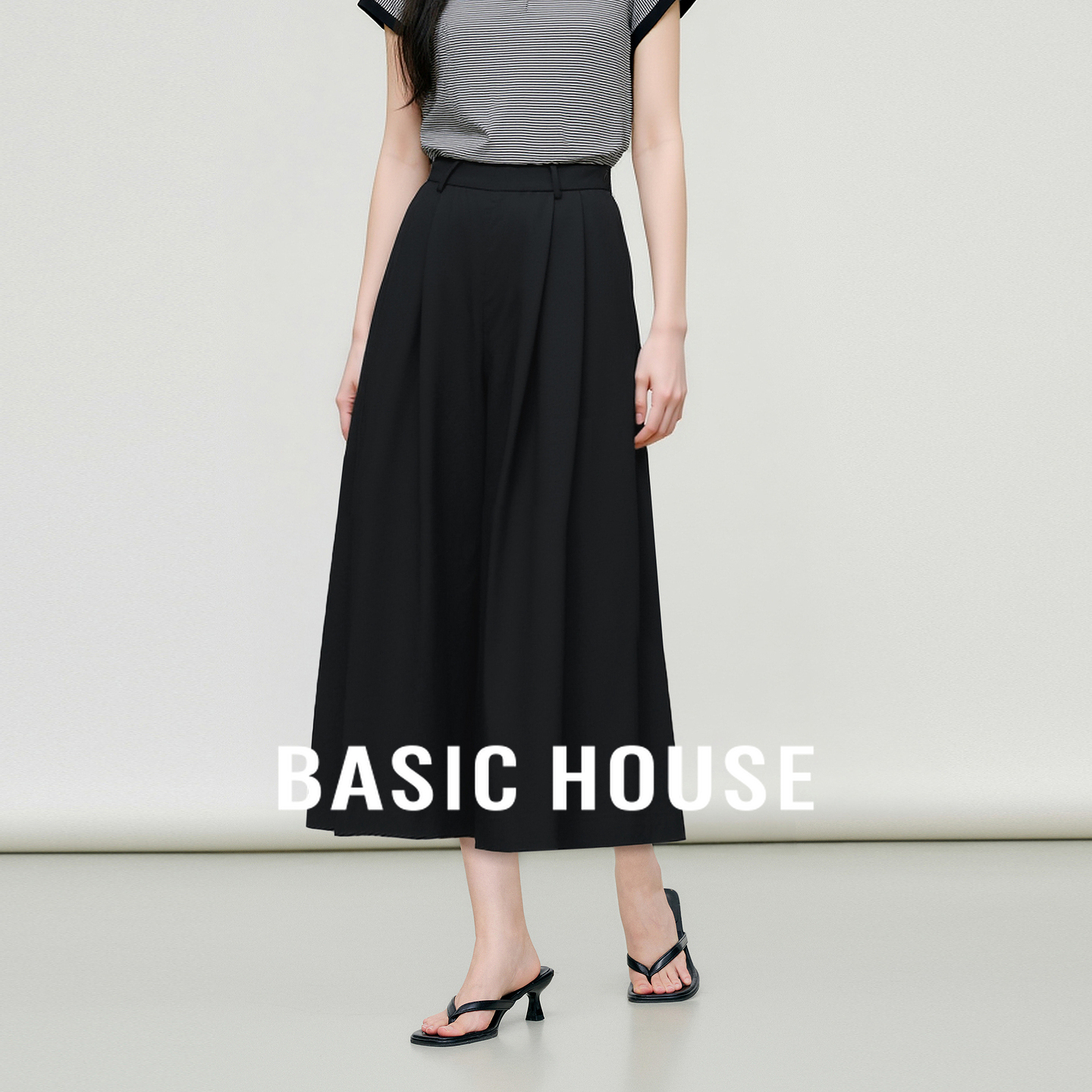 Basic House/百家好莱赛尔高腰纯色阔腿裤夏季新款宽松日常休闲裤