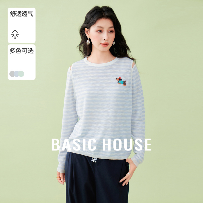 Basic House/百家好航海系条纹露肩撞色针织衫女夏季刺绣圆领上衣