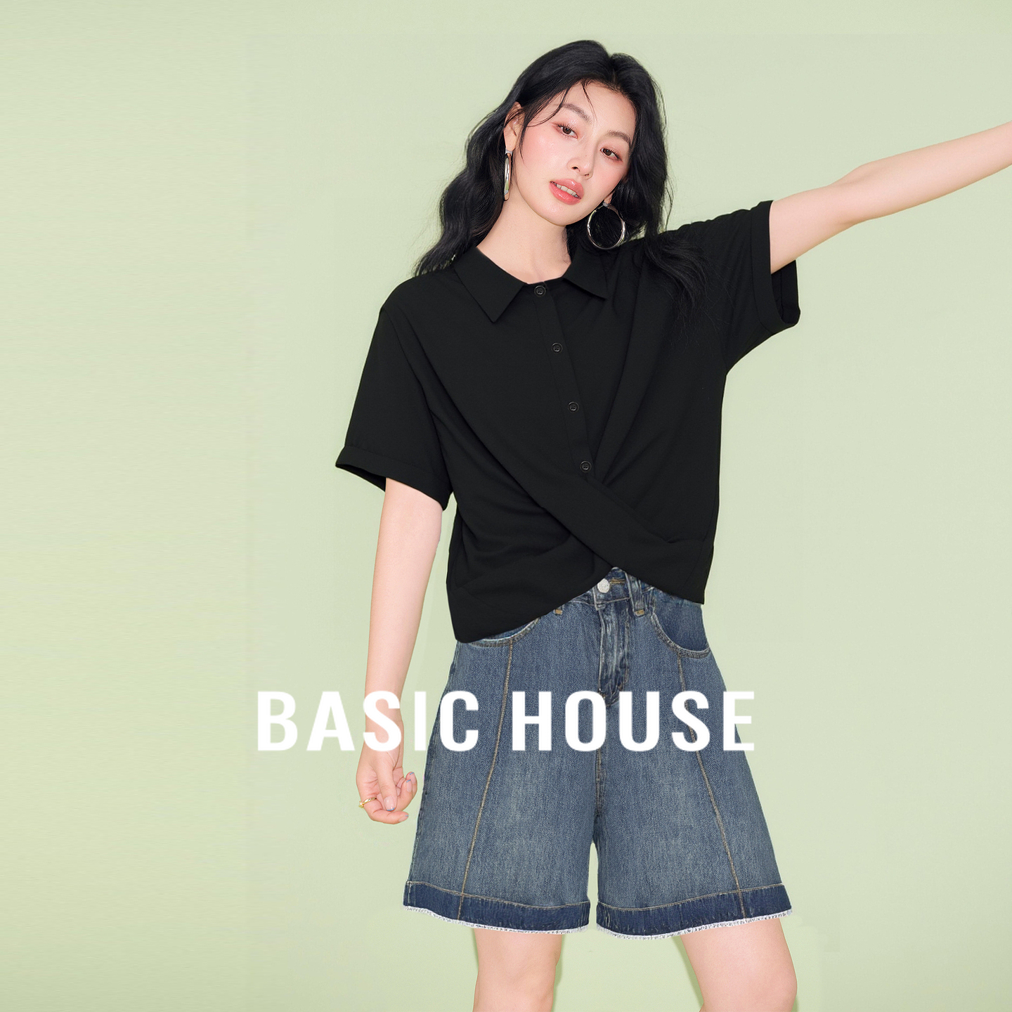 Basic House/百家好简约短袖翻领衬衫2025夏季新款清新时尚衬衣女