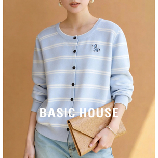 Basic House/百家好蓝白撞色复古条纹针织开衫女宽松显瘦刺绣上衣