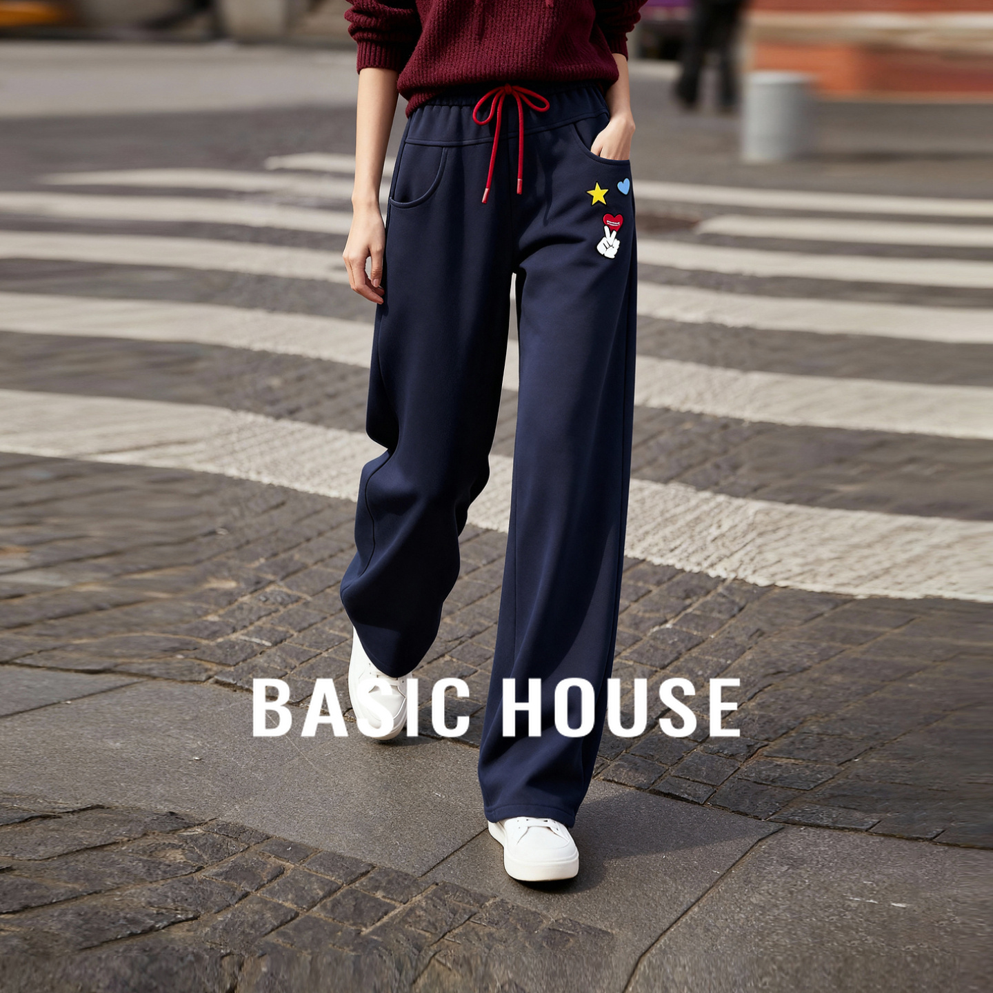 Basic House/百家好复古松紧腰香蕉裤女冬加厚宽松高腰卫裤运动裤