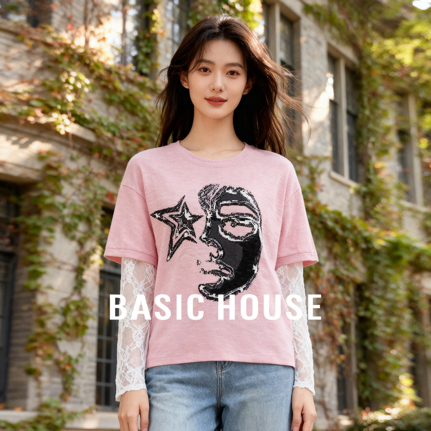 Basic House/百家好休闲百搭早秋新款假两件小众设计长袖针织衫女