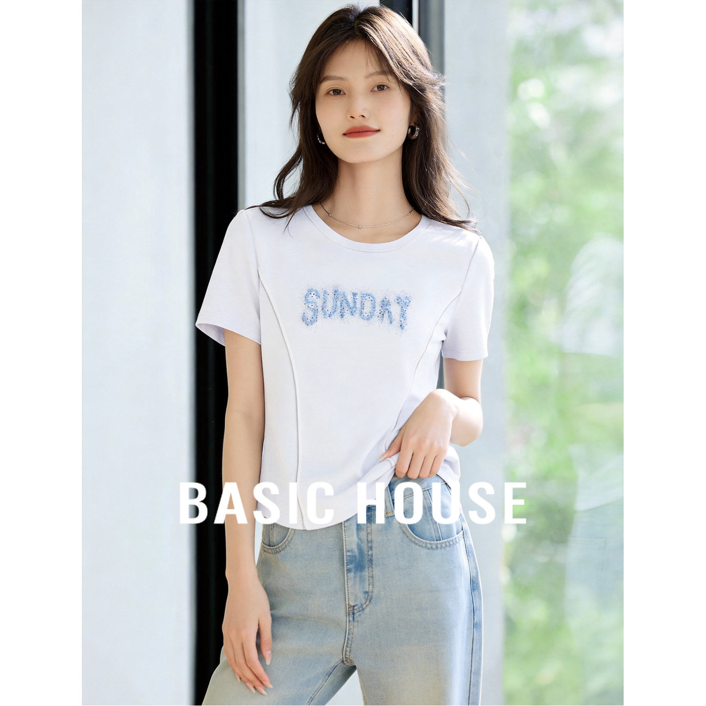 百家好韩系亮片字母T恤女春季新款白色收腰显瘦休闲百搭短袖上衣