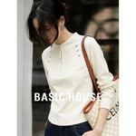 Basic House/百家好白色半开领拉链长袖T恤女春新款显瘦百搭上衣