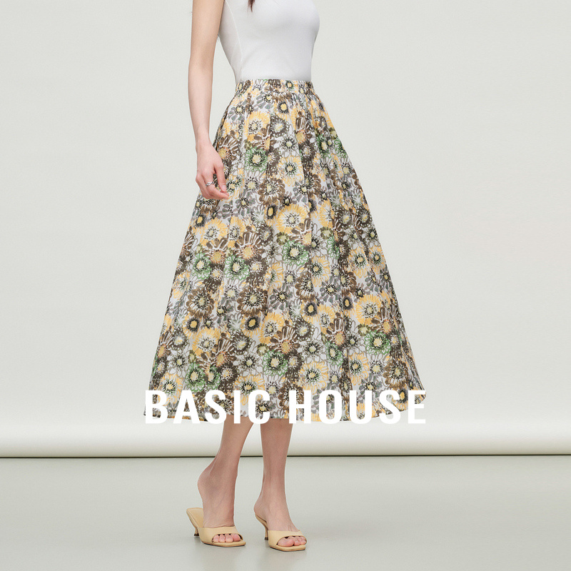 Basic House/百家好碎花高腰半身裙女夏季新款流行高级中长款裙子