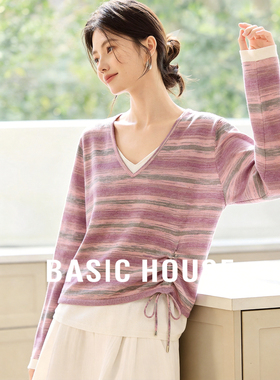 Basic House/百家好条纹假两件针织衫女v领抽绳温柔风长袖上衣春
