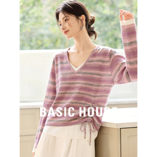 女v领抽绳温柔风长袖 百家好条纹假两件针织衫 上衣春 House Basic
