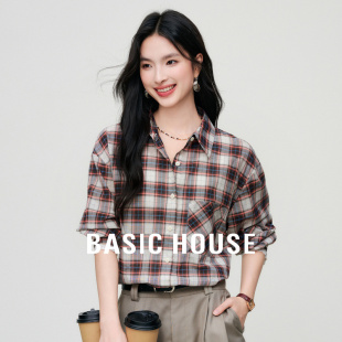撞色格纹长袖 衬衫 夏季 Basic 舒适纯棉衬衫 百家好时尚 新款 女 House