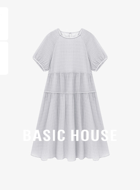 Basic House/百家好莱赛尔泡泡袖连衣裙女夏季新款纯色拼接中长裙