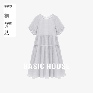 新款 Basic 连衣裙女夏季 百家好莱赛尔泡泡袖 纯色拼接中长裙 House