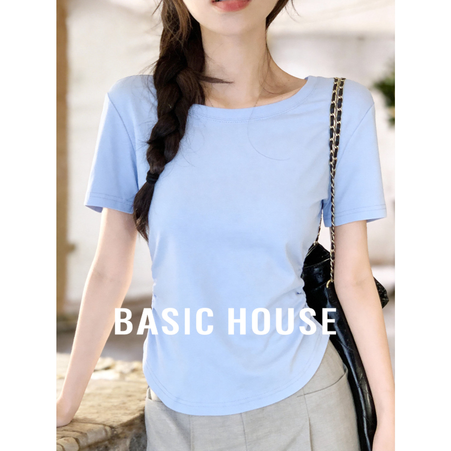 Basic House/百家好春夏季收腰捏褶T恤圆领正肩短袖上衣修身新款