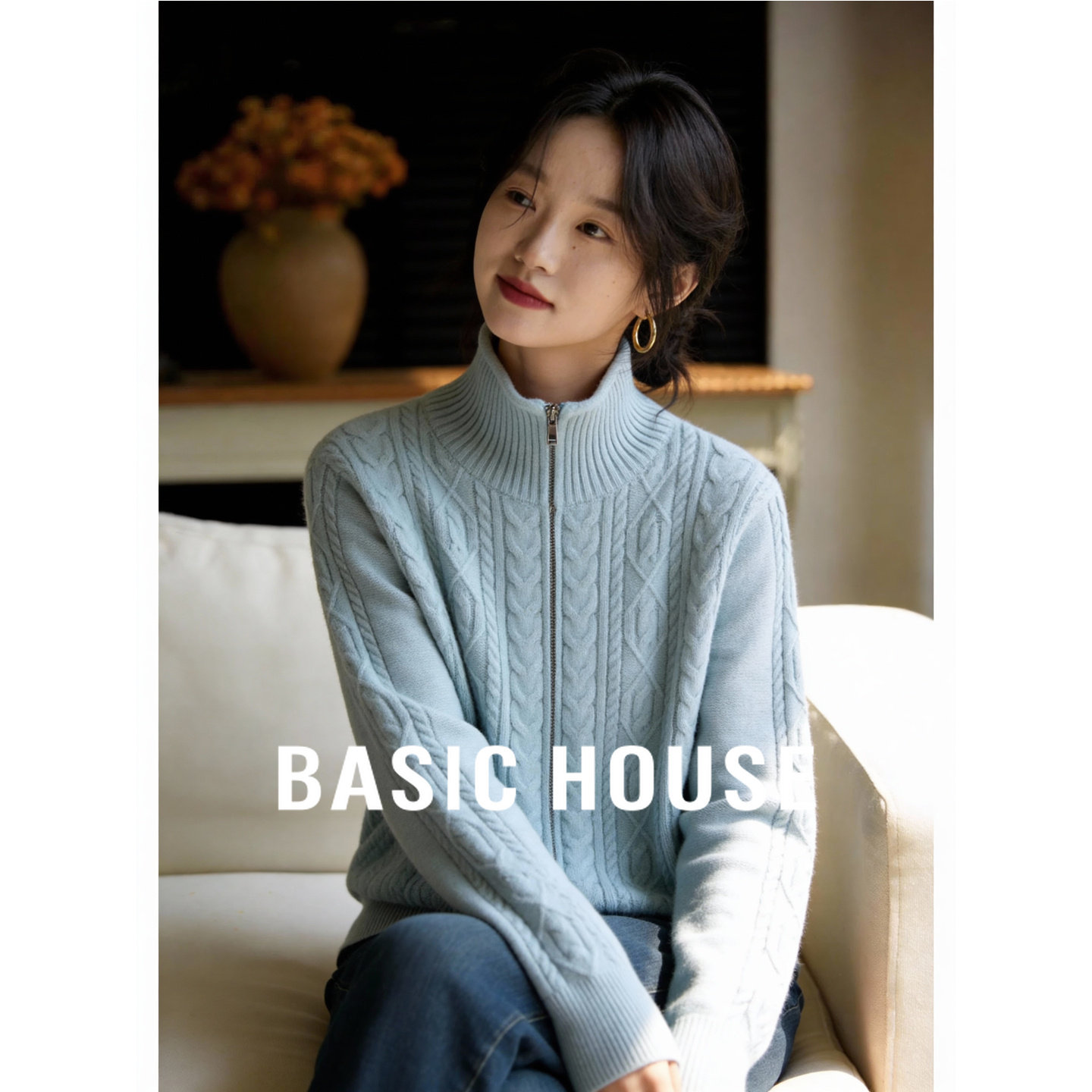 百家好浅蓝色绞花修身显瘦毛衣春季新款女半高领麻花针织开衫上衣