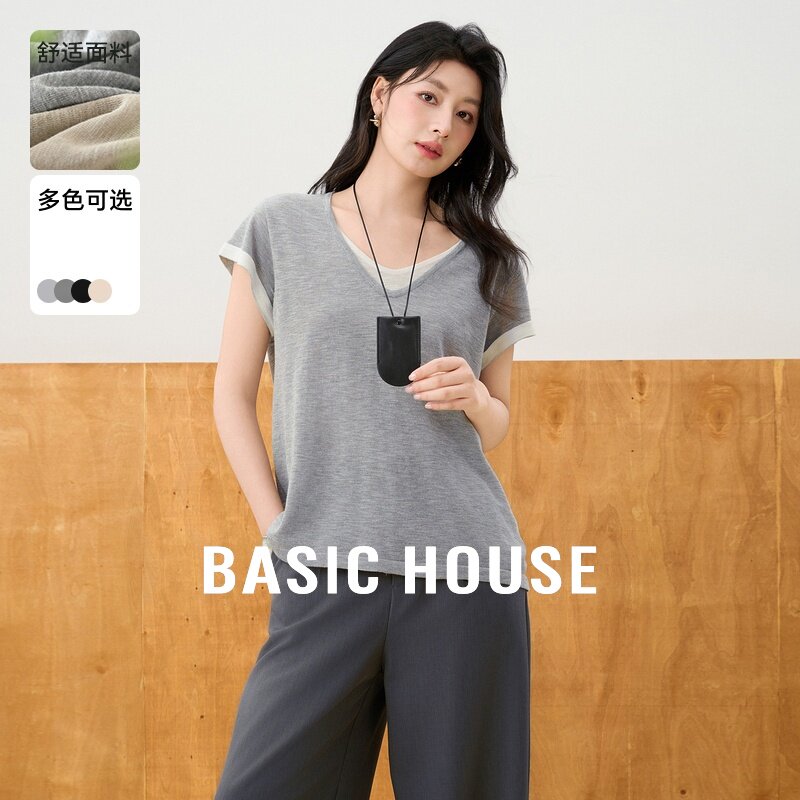 Basic House/百家假两件冰丝针织衫撞色薄款小飞袖上衣夏季新款