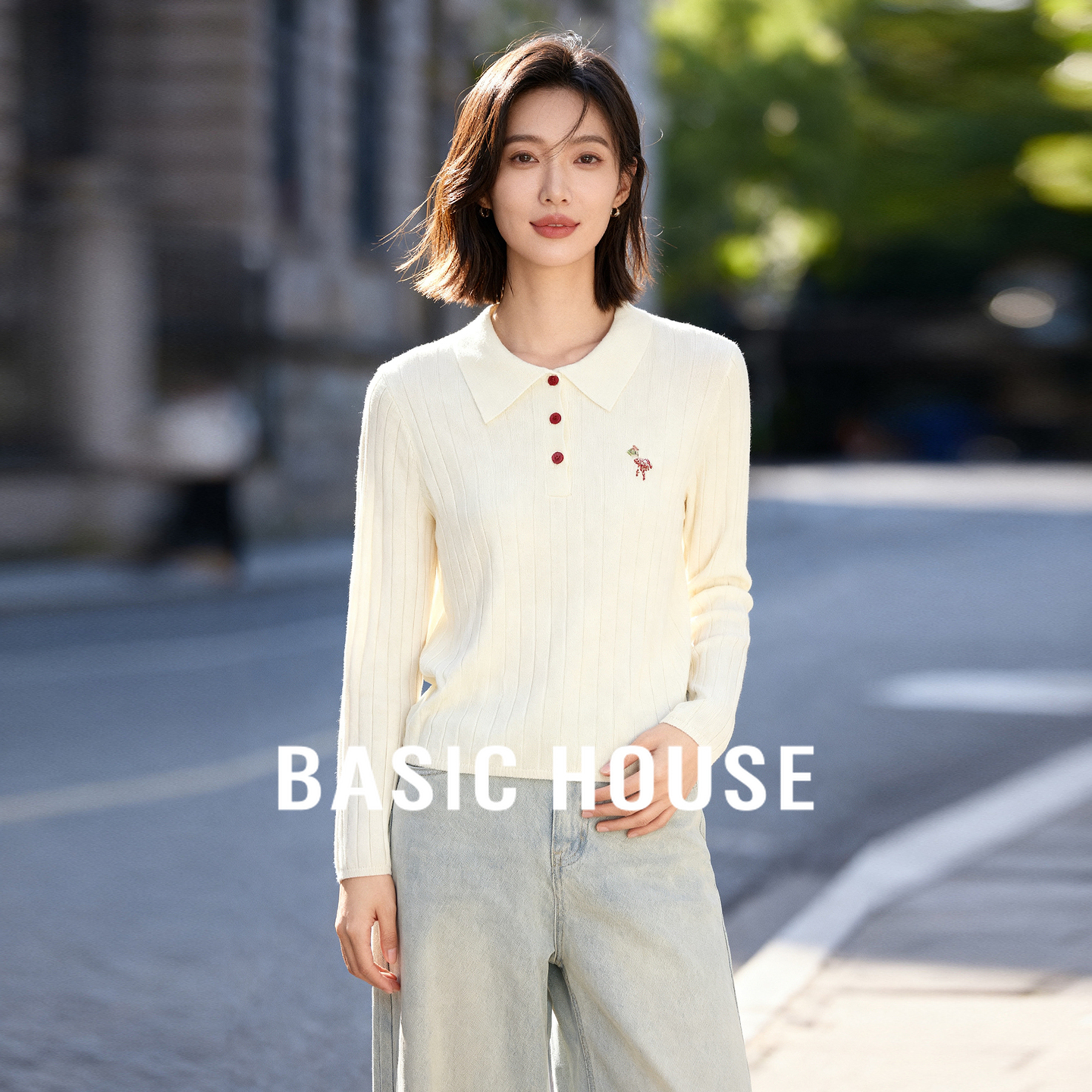 Basic House/百家好纽扣复古钉珠针织衫秋冬新款学院风针织polo衫