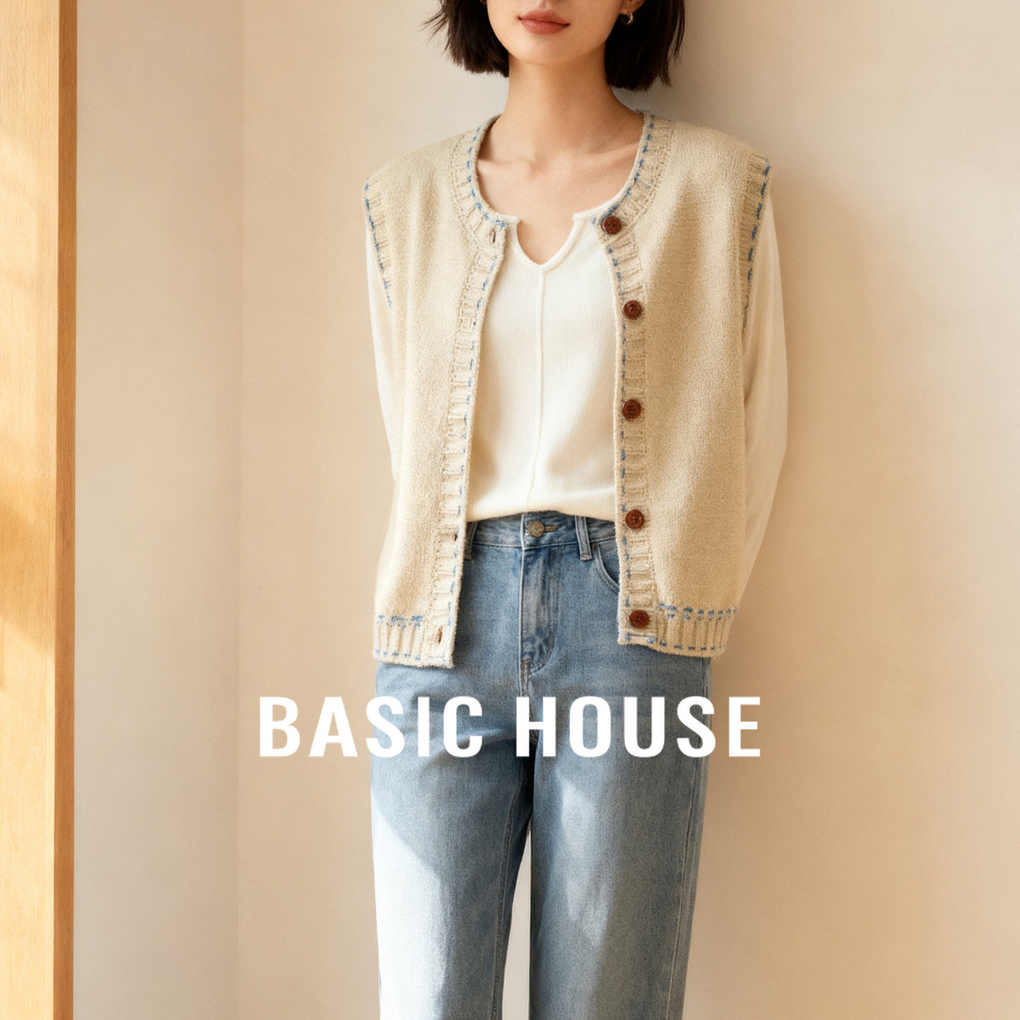 Basic House/百家好休闲针织马甲2025秋冬复古单排扣无袖开衫背心