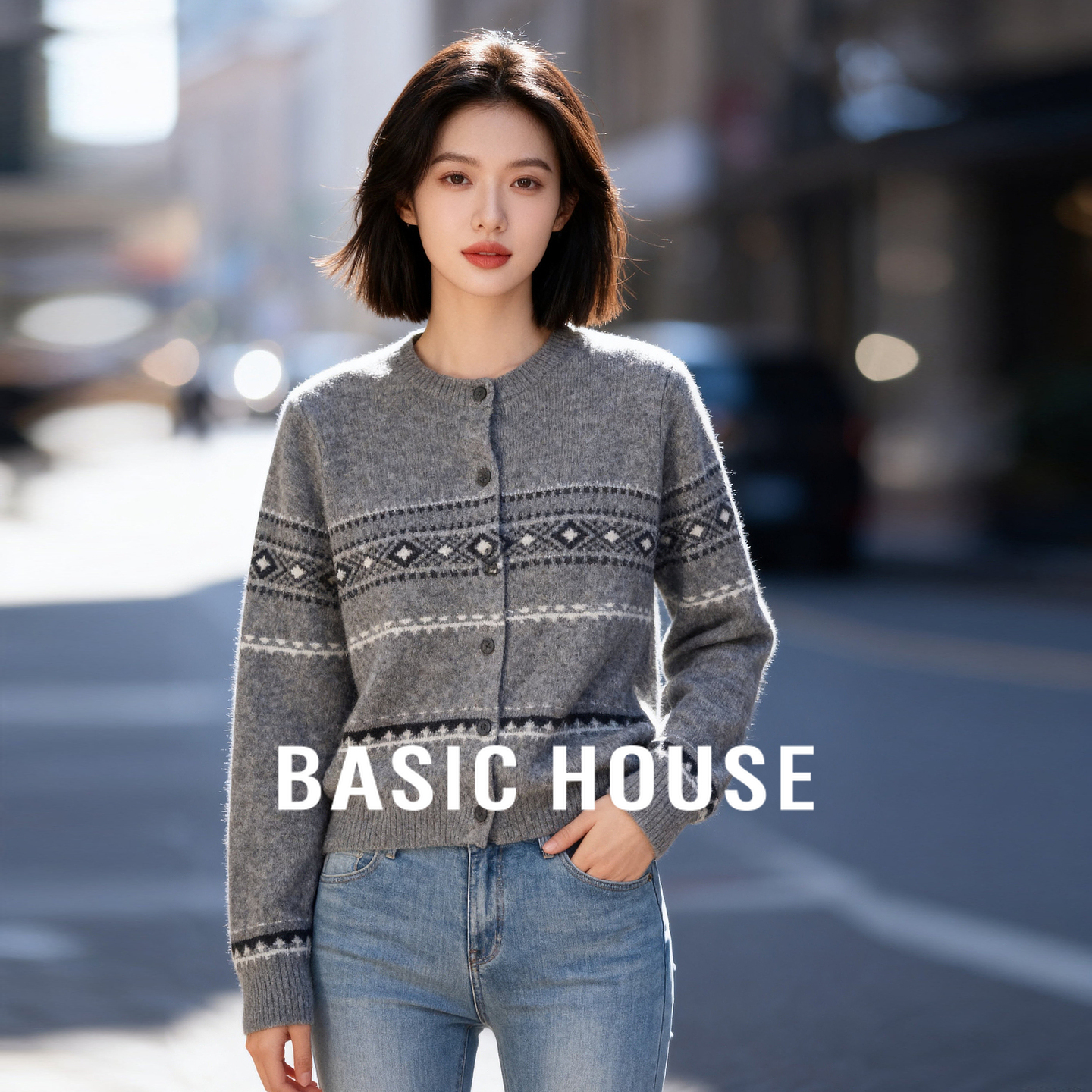 Basic House/百家好提花针织开衫女秋冬复古民族风圆领单排扣上衣