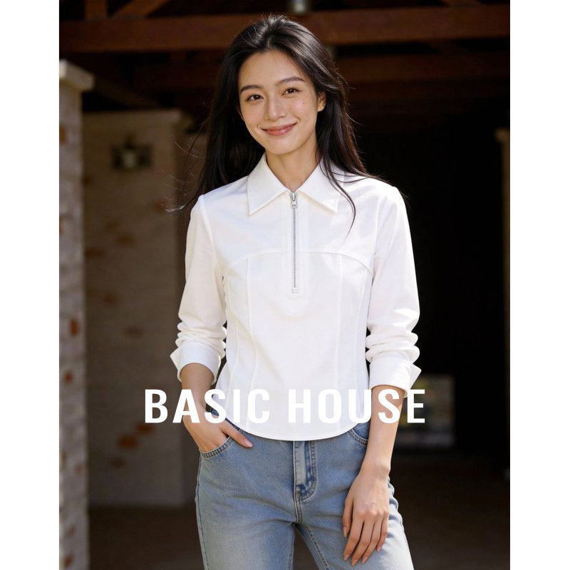 Basic House/百家好白色polo领长袖衬衫女春季半拉链百搭长袖上衣