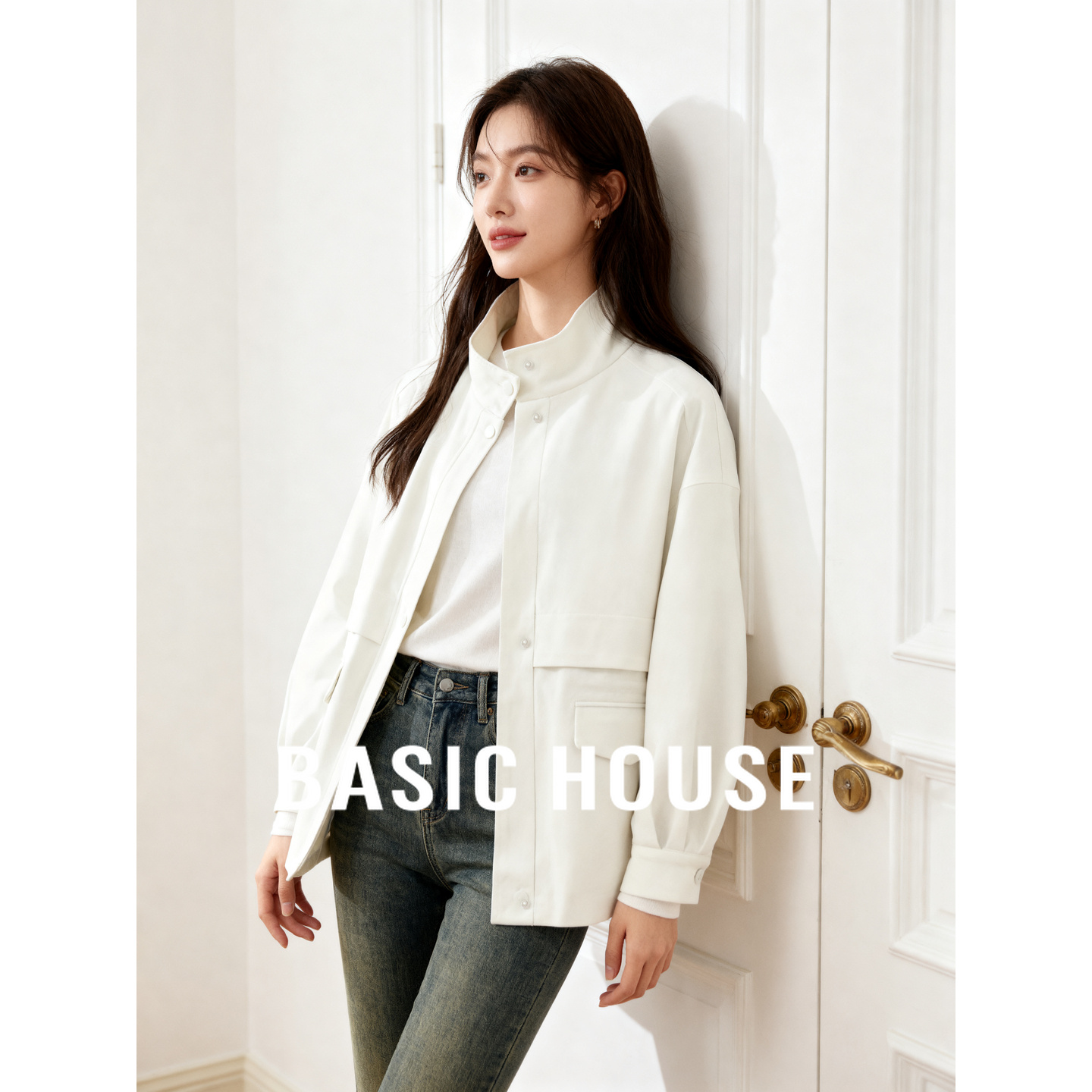 Basic House/百家好休闲立领外套2025秋冬简约大气双口袋开衫上衣