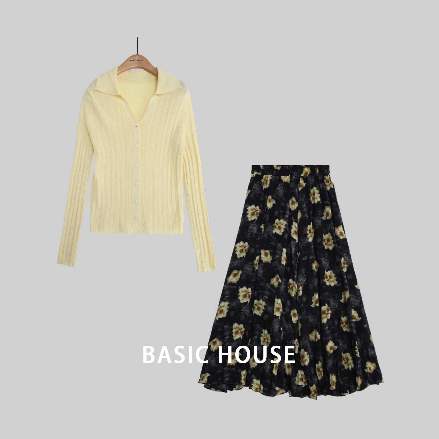 Basic House/百家好碎花显瘦气质长袖针织时尚复古法式